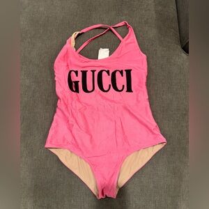 Gucci Logo Print Cross-over Strap Swimsuit Pink Sz XL